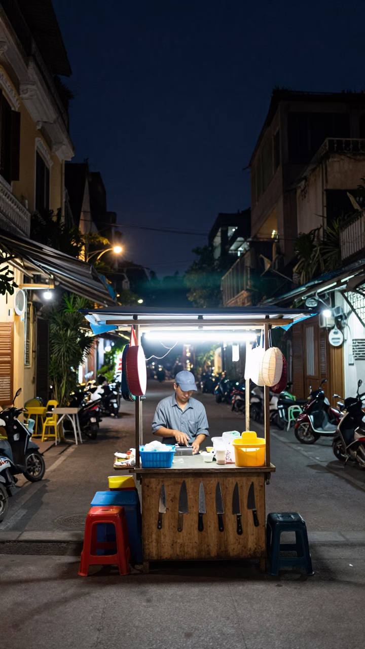 Street Scene in Hanoi at The Deepest Night Sky Light in in Hanoi, Vietnam