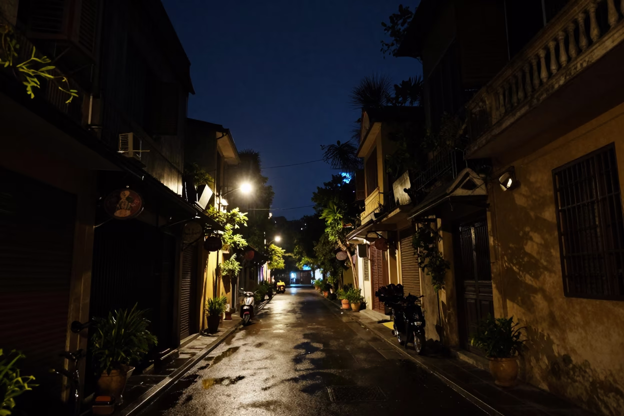 Street Scene in Hanoi at The Deepest Night Sky Light in in Hanoi, Vietnam