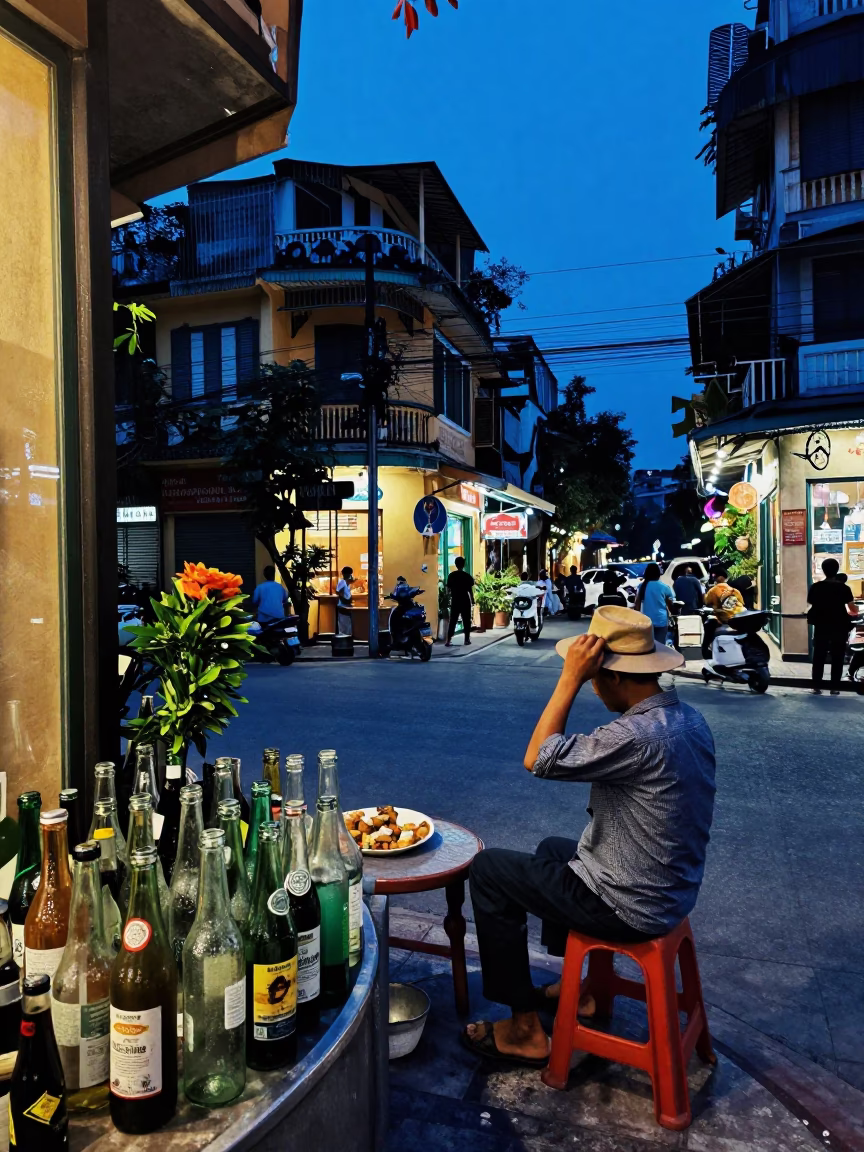 Street Scene in Hanoi at The Last Blue Light Of Evening in in Hanoi, Vietnam