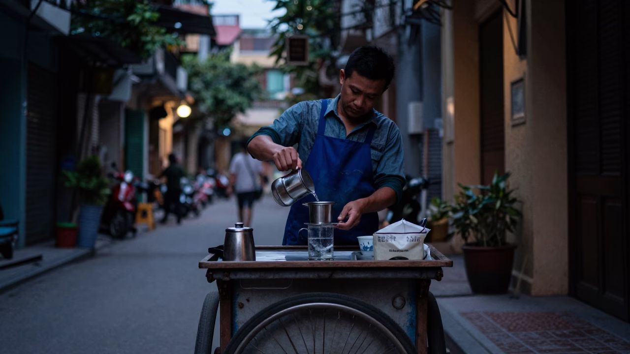 Street Scene in Hanoi at The Predawn Darkness Light in in Hanoi, Vietnam
