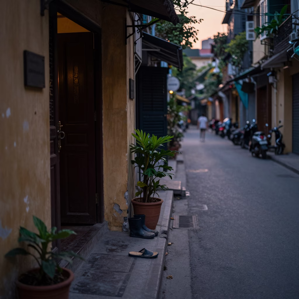 Street Scene in Hanoi at The Still Hours Before Dawn Light in in Hanoi, Vietnam