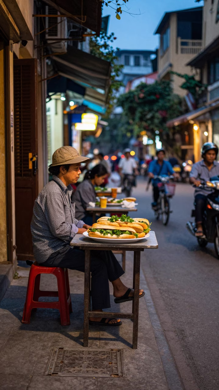 Street Scene in Hanoi at Twilight in in Hanoi, Vietnam