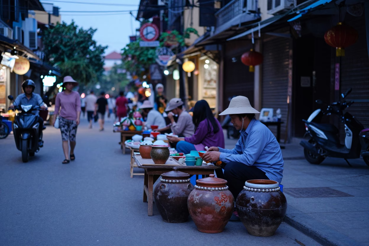 Street Scene in Hanoi at Twilight in in Hanoi, Vietnam