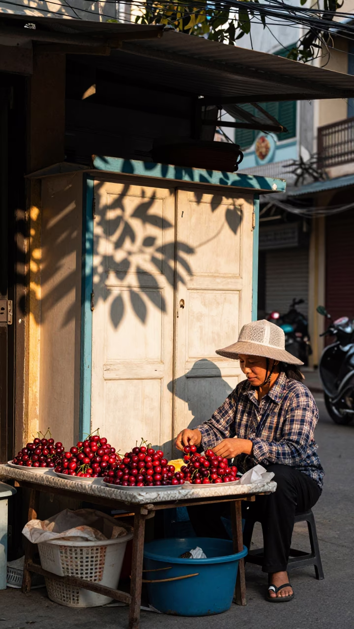 Street Scene in Hanoi Vietnam Late Afternoon Light with Local Vendor and Traditional Elements in in Hanoi, Vietnam