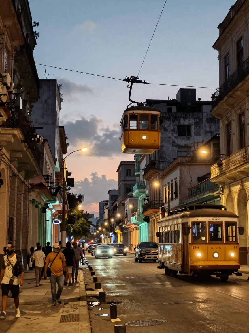 Street Scene in Havana at As City Lights Begin To Glow in in Havana, Cuba