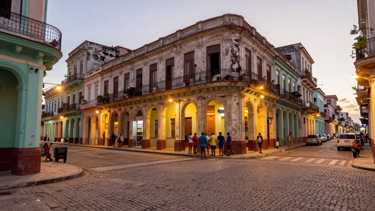 Street Scene in Havana at As City Lights Begin To Glow in in Havana, Cuba