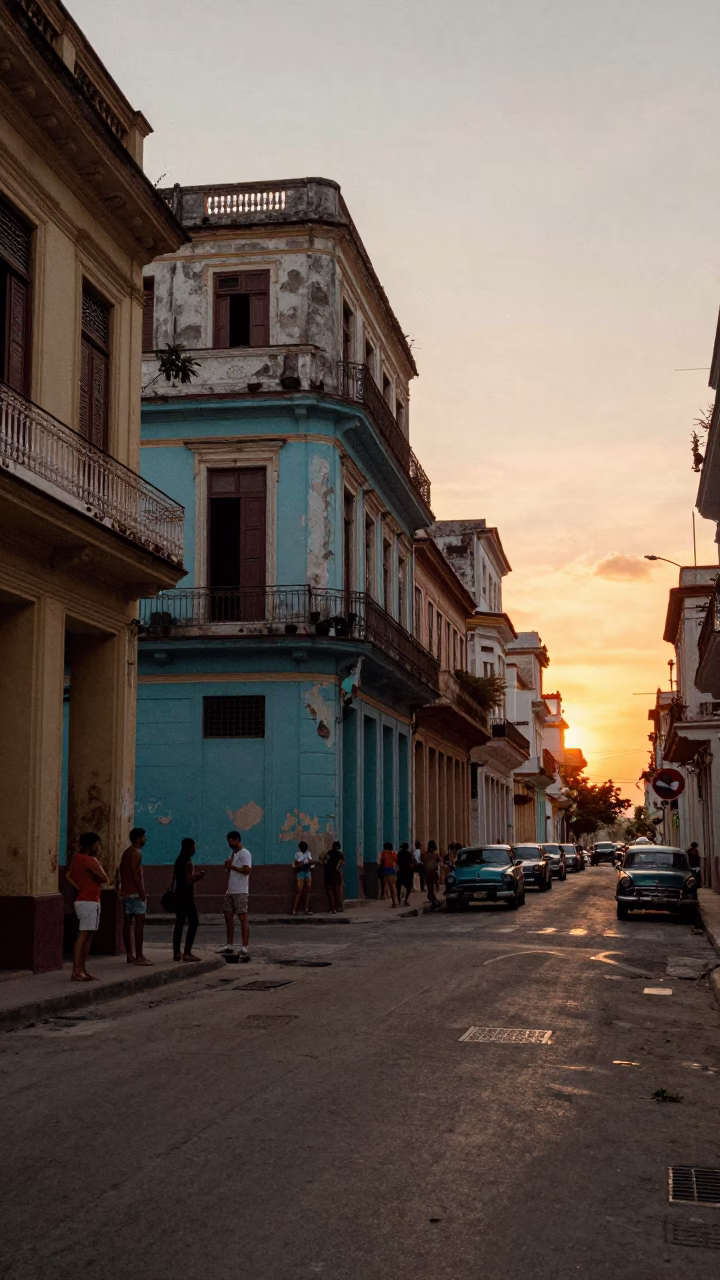 Street Scene in Havana at As The Sun Drops Toward The Horizon in in Havana, Cuba
