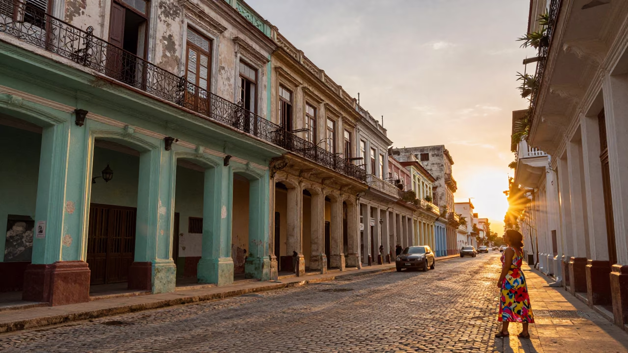 Street Scene in Havana at As The Sun Drops Toward The Horizon in in Havana, Cuba