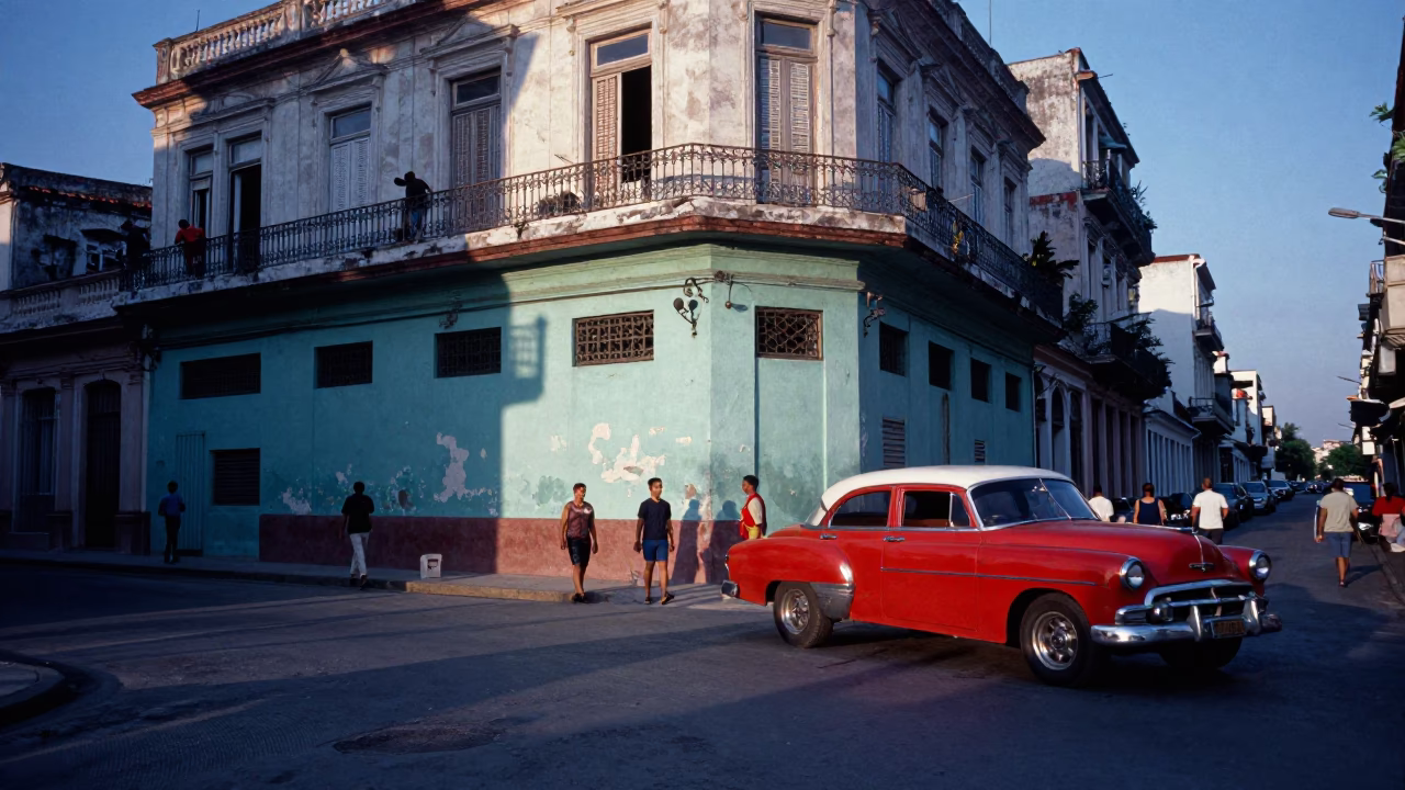 Street Scene in Havana at Indigo Twilight After Sunset in in Havana, Cuba