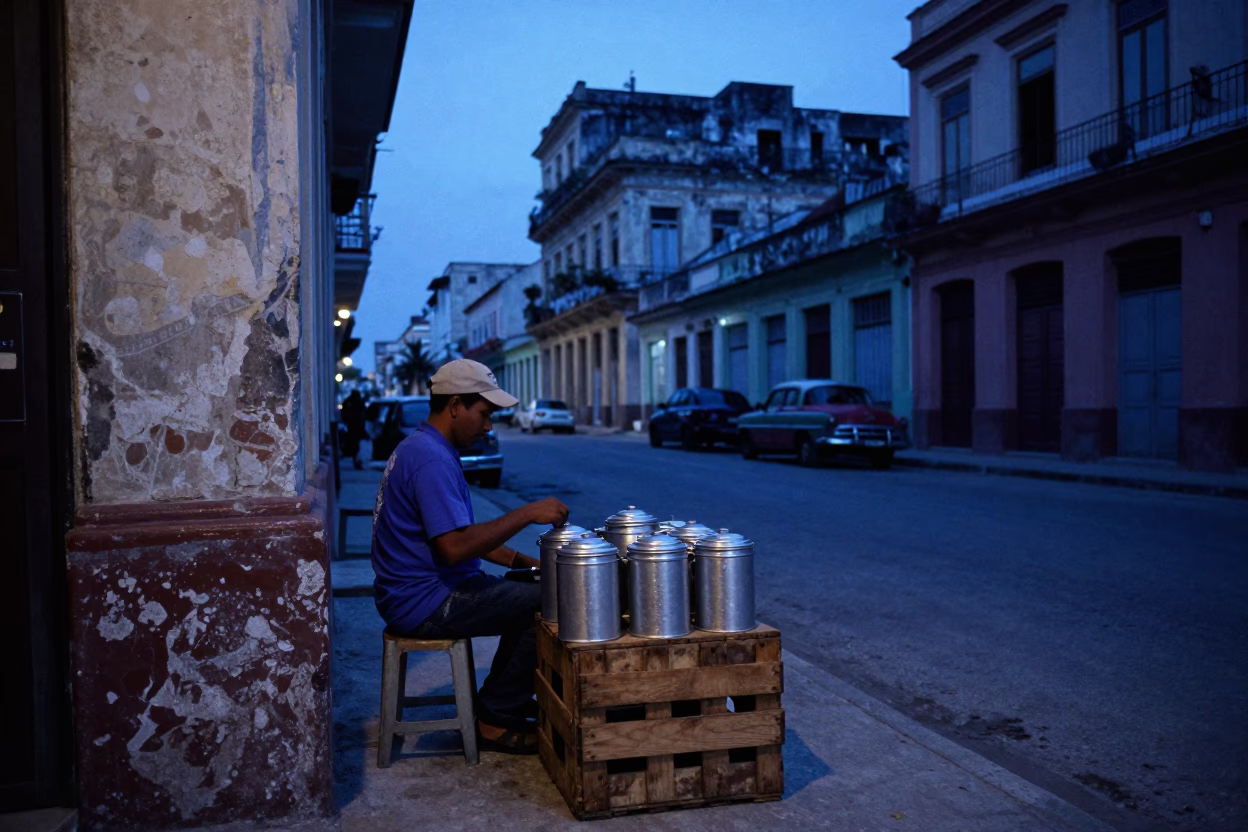 Street Scene in Havana at Indigo Twilight After Sunset in in Havana, Cuba
