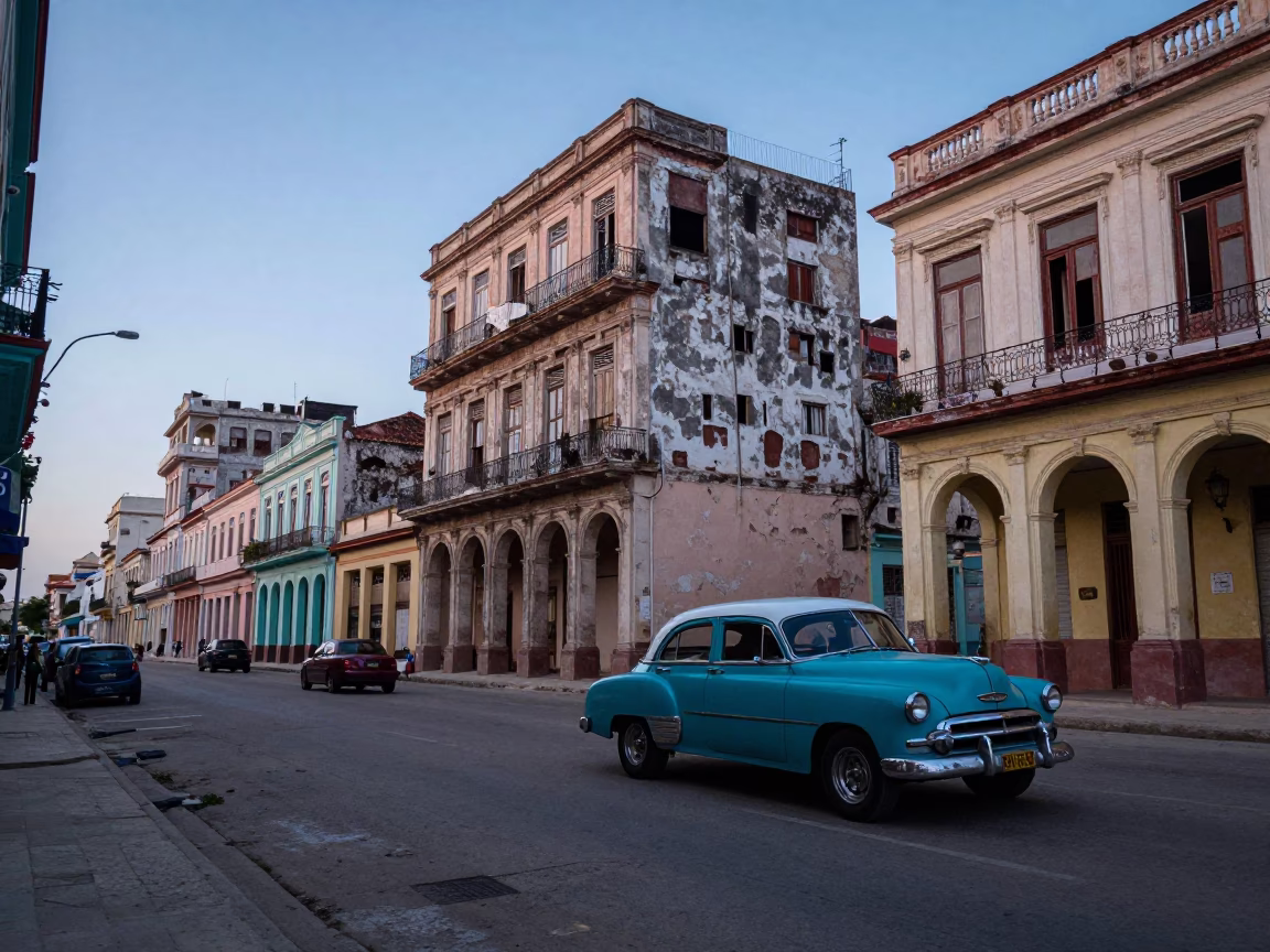 Street Scene in Havana at Nautical Dawn Light in in Havana, Cuba