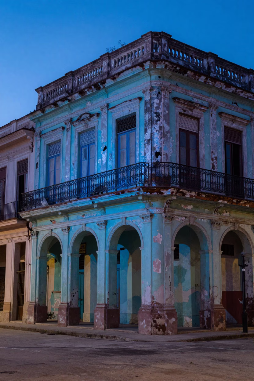 Street Scene in Havana at The Last Blue Light Of Evening in in Havana, Cuba