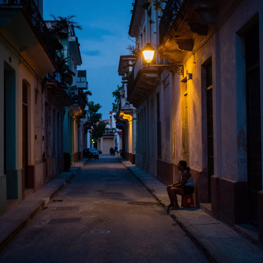 Street Scene in Havana at The Predawn Darkness Light in in Havana, Cuba