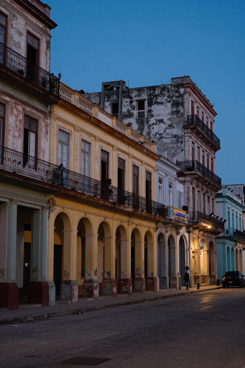 Street Scene in Havana at The Still Hours Before Dawn Light in in Havana, Cuba