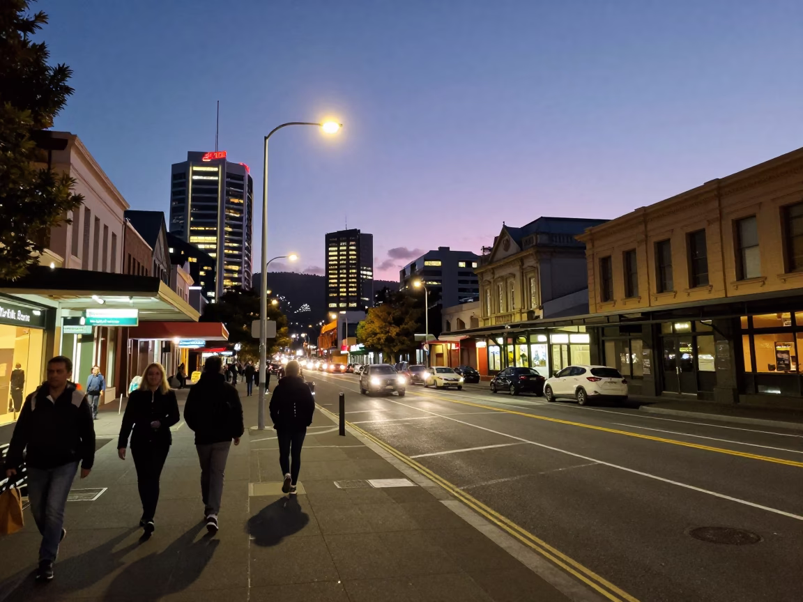 Street Scene in Hobart at As City Lights Begin To Glow in in Hobart, Tasmania, Australia