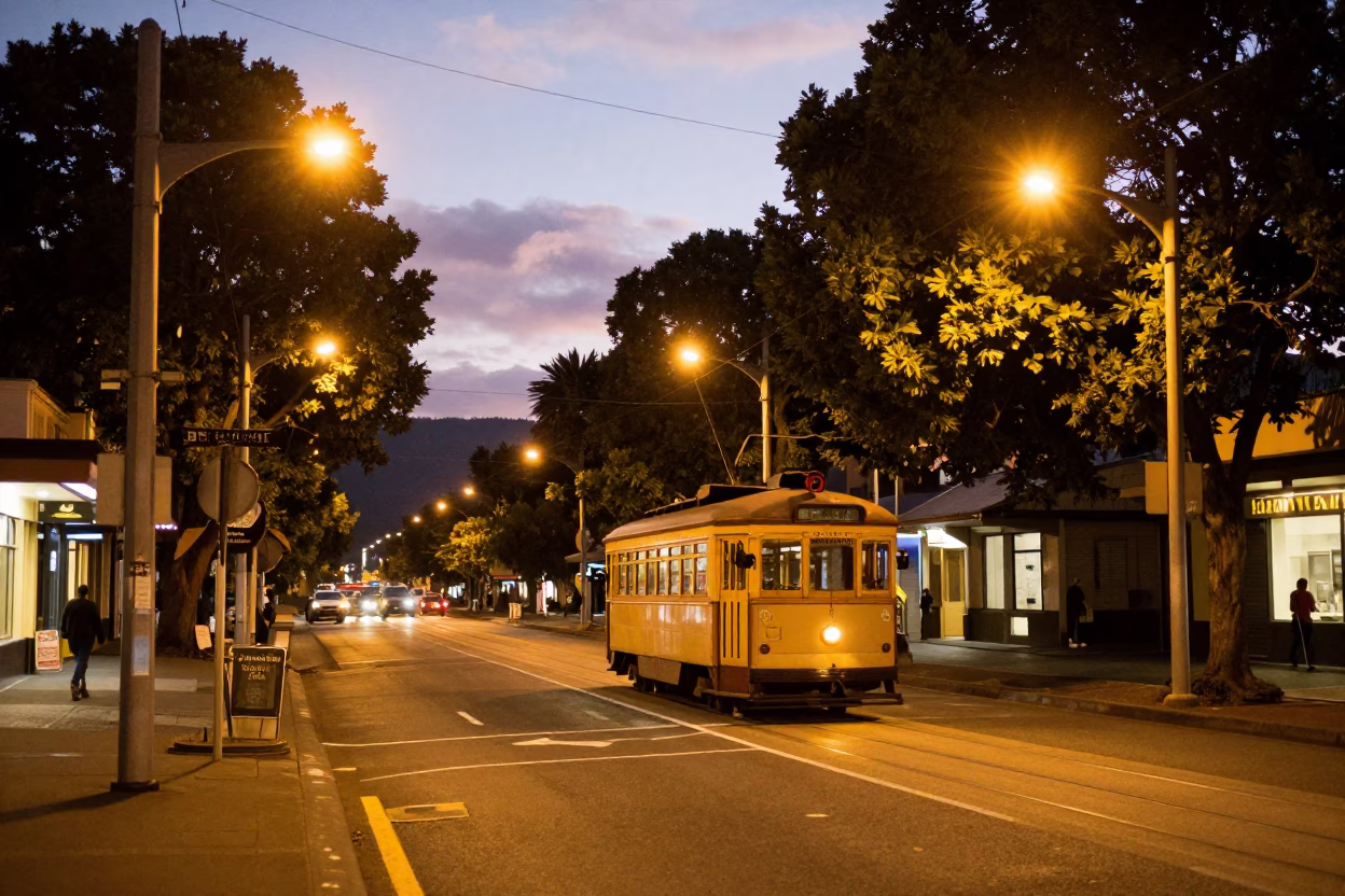 Street Scene in Hobart at As City Lights Begin To Glow in in Hobart, Tasmania, Australia