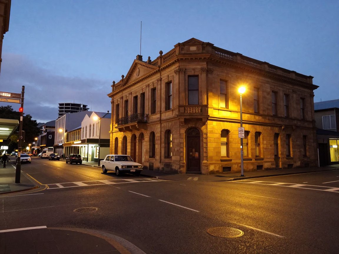 Street Scene in Hobart at As City Lights Begin To Glow in in Hobart, Tasmania, Australia