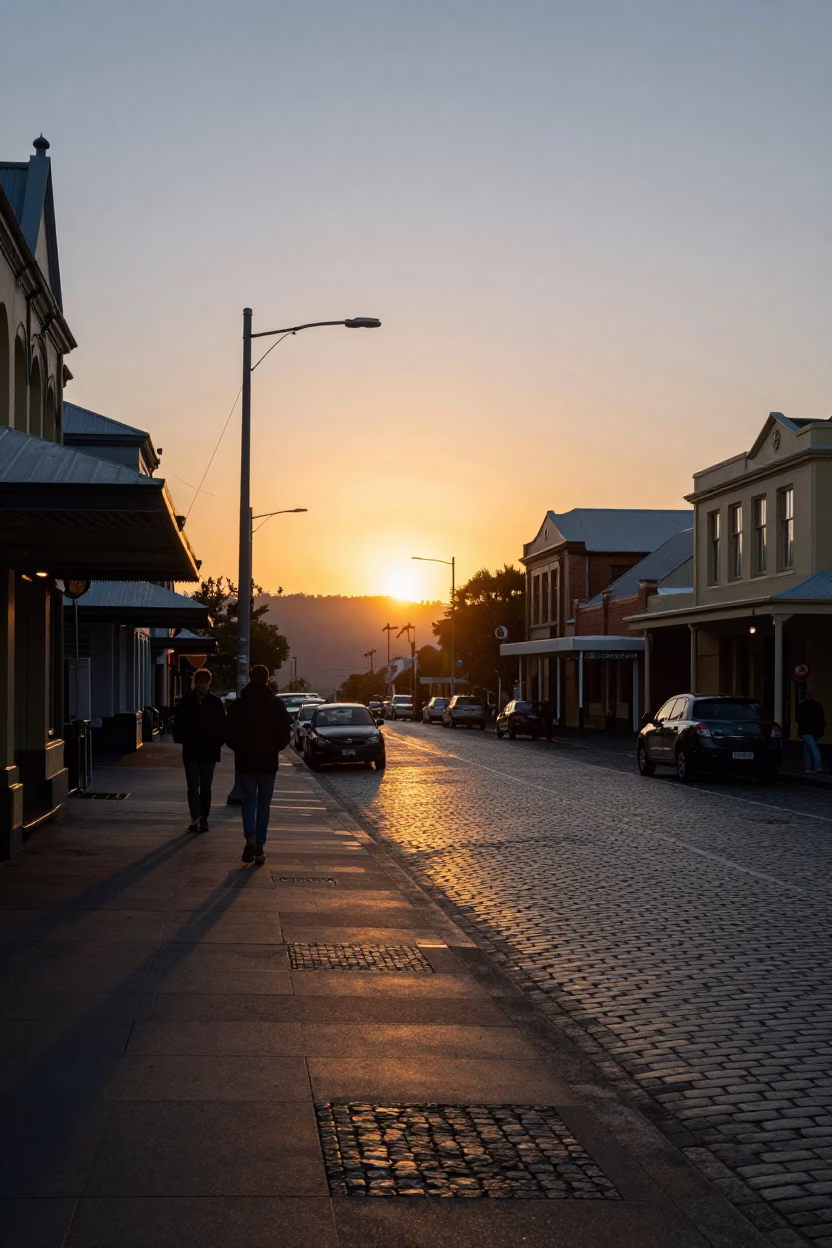 Street Scene in Hobart at As The Sun Drops Toward The Horizon in in Hobart, Tasmania, Australia
