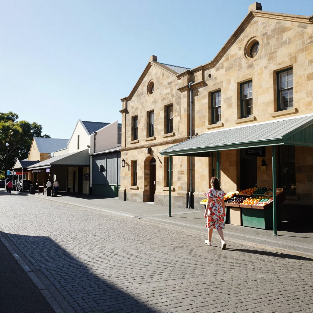 Street Scene in Hobart at Bright Midmorning Light in in Hobart, Tasmania, Australia
