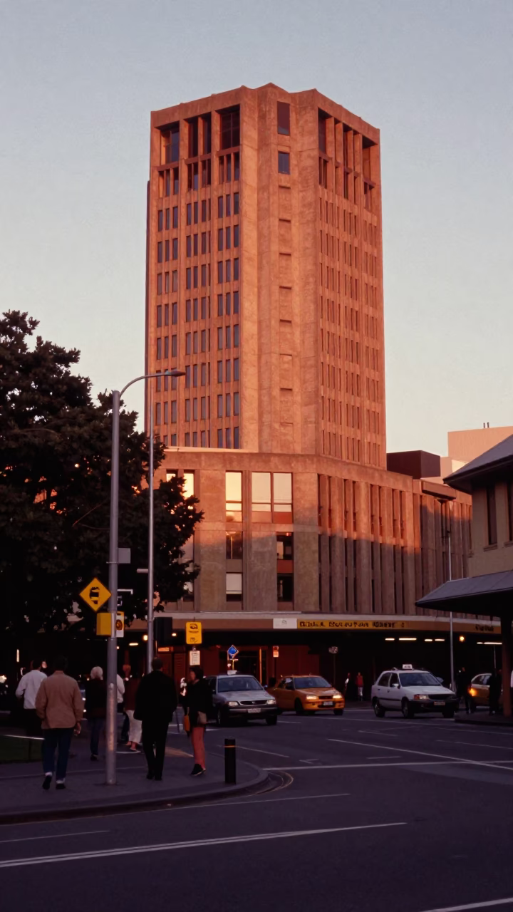Street Scene in Hobart at Copper-toned Light Before Dusk in in Hobart, Tasmania, Australia