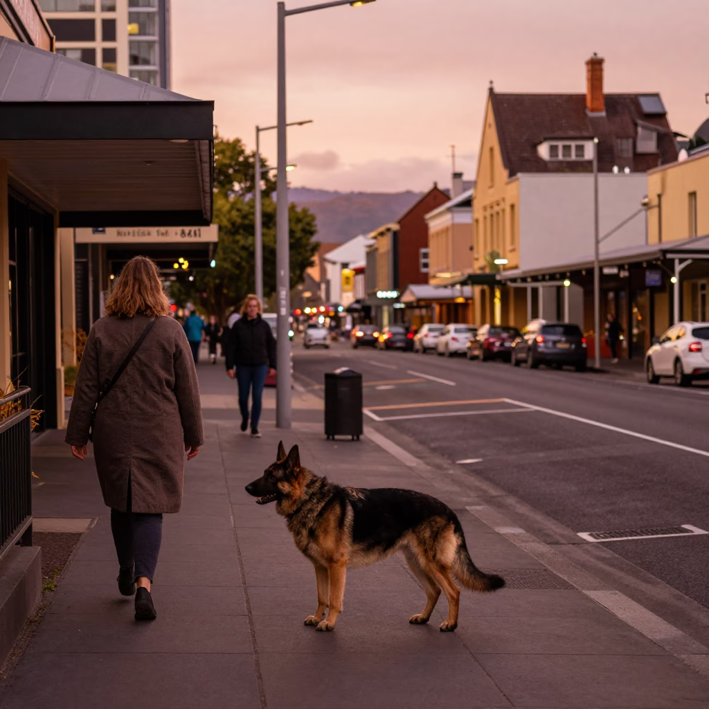 Street Scene in Hobart at Copper-toned Light Before Dusk in in Hobart, Tasmania, Australia