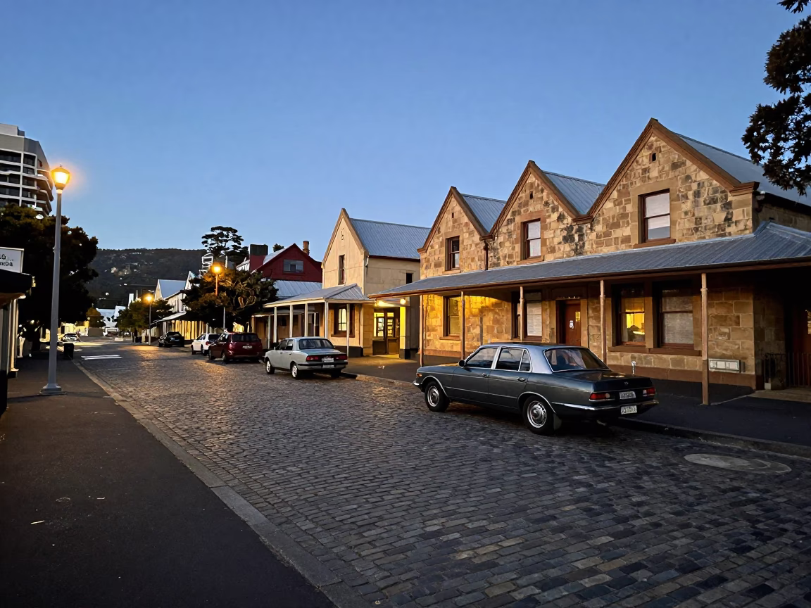Street Scene in Hobart at The Early Evening Light in in Hobart, Tasmania, Australia