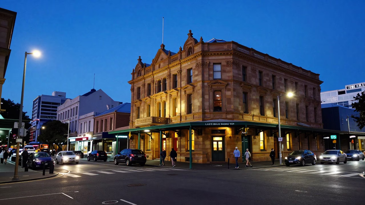 Street Scene in Hobart at The Last Blue Light Of Evening in in Hobart, Tasmania, Australia