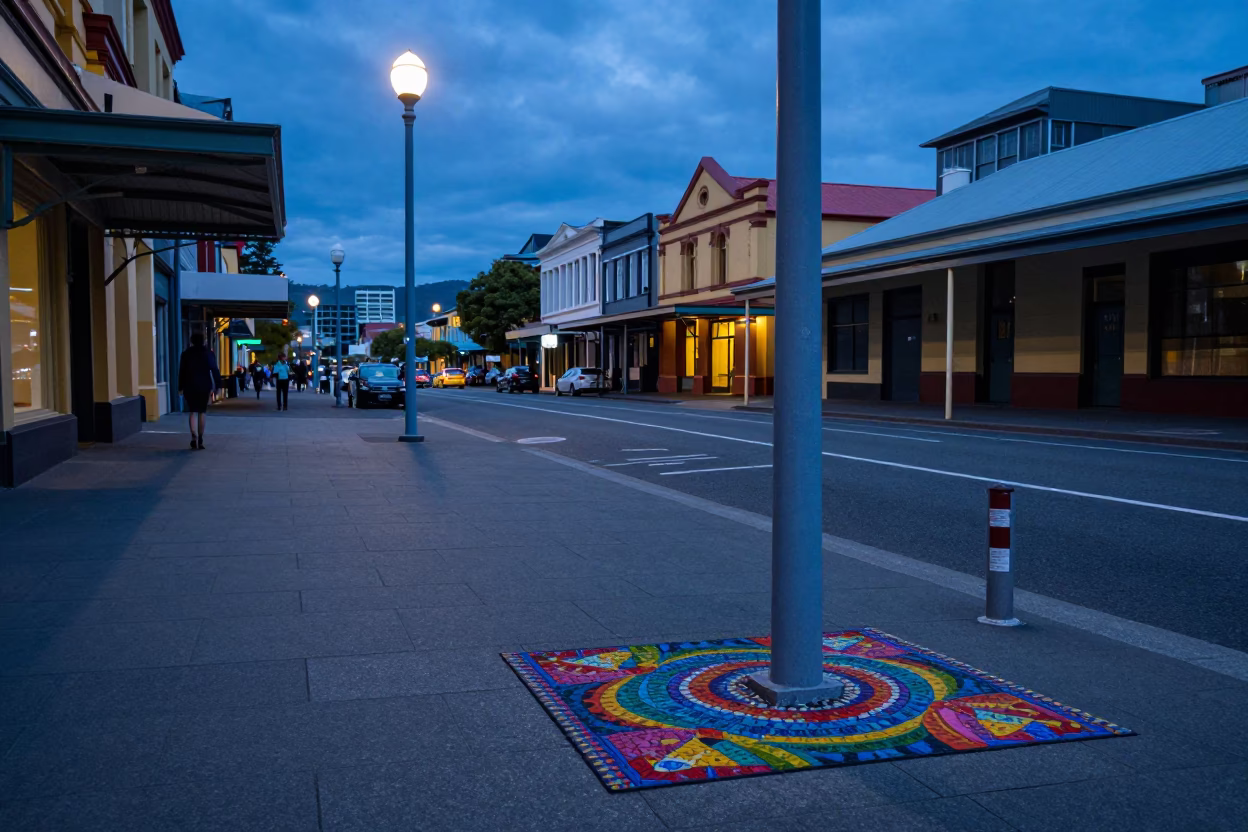 Street Scene in Hobart at The Last Blue Light Of Evening in in Hobart, Tasmania, Australia