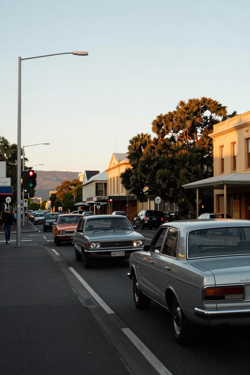 Street Scene in Hobart at The Late Afternoon Light in in Hobart, Tasmania, Australia