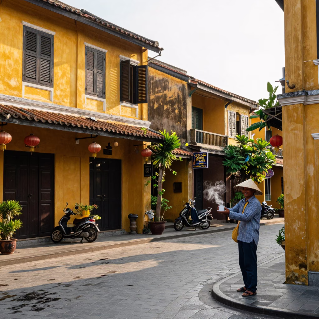 Street Scene in Hoi An at As First Light Reaches The Scene in in Hoi An, Vietnam