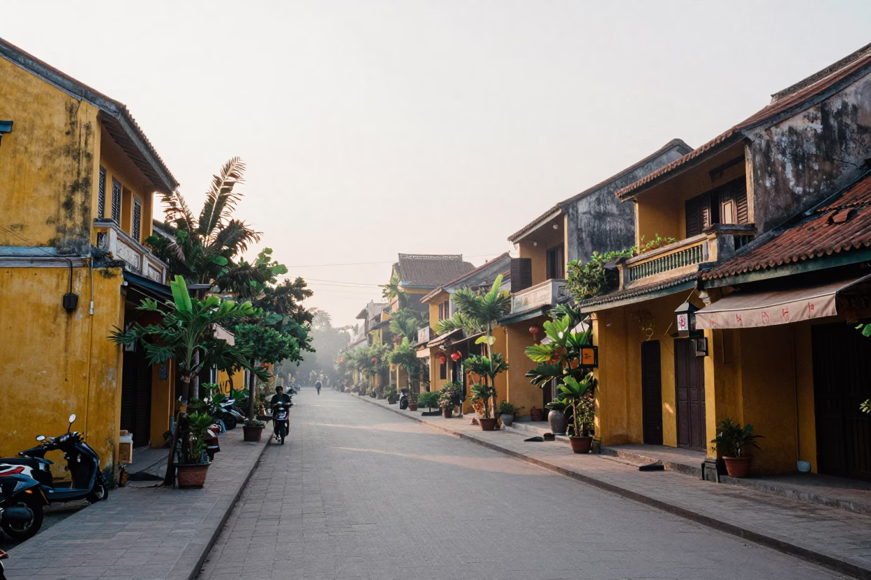 Street Scene in Hoi An at As First Light Reaches The Scene in in Hoi An, Vietnam
