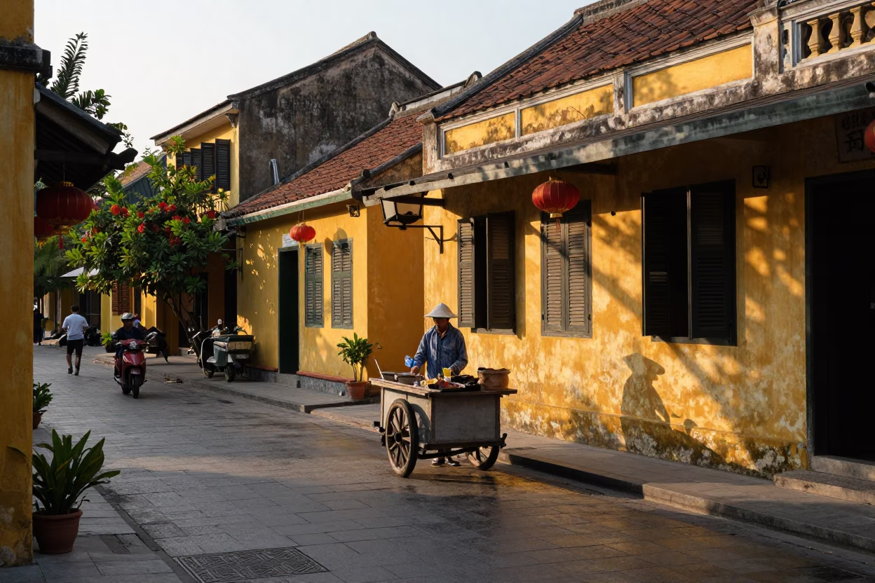 Street Scene in Hoi An at As First Light Reaches The Scene in in Hoi An, Vietnam