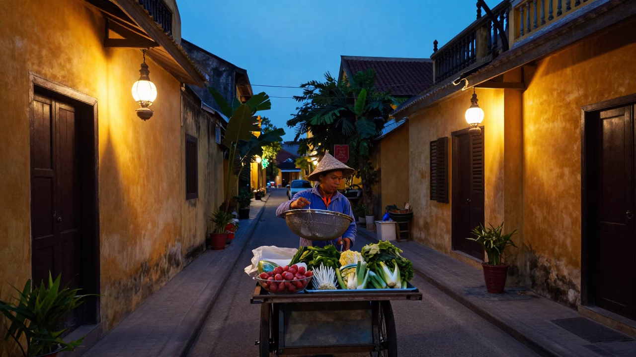 Street Scene in Hoi An at Blue Hour in in Hoi An, Vietnam