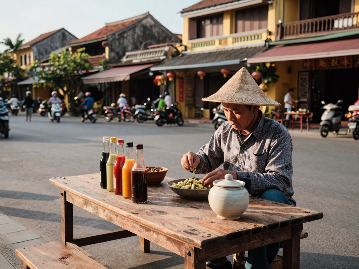 Street Scene in Hoi An at Clear Late-afternoon Light in in Hoi An, Vietnam