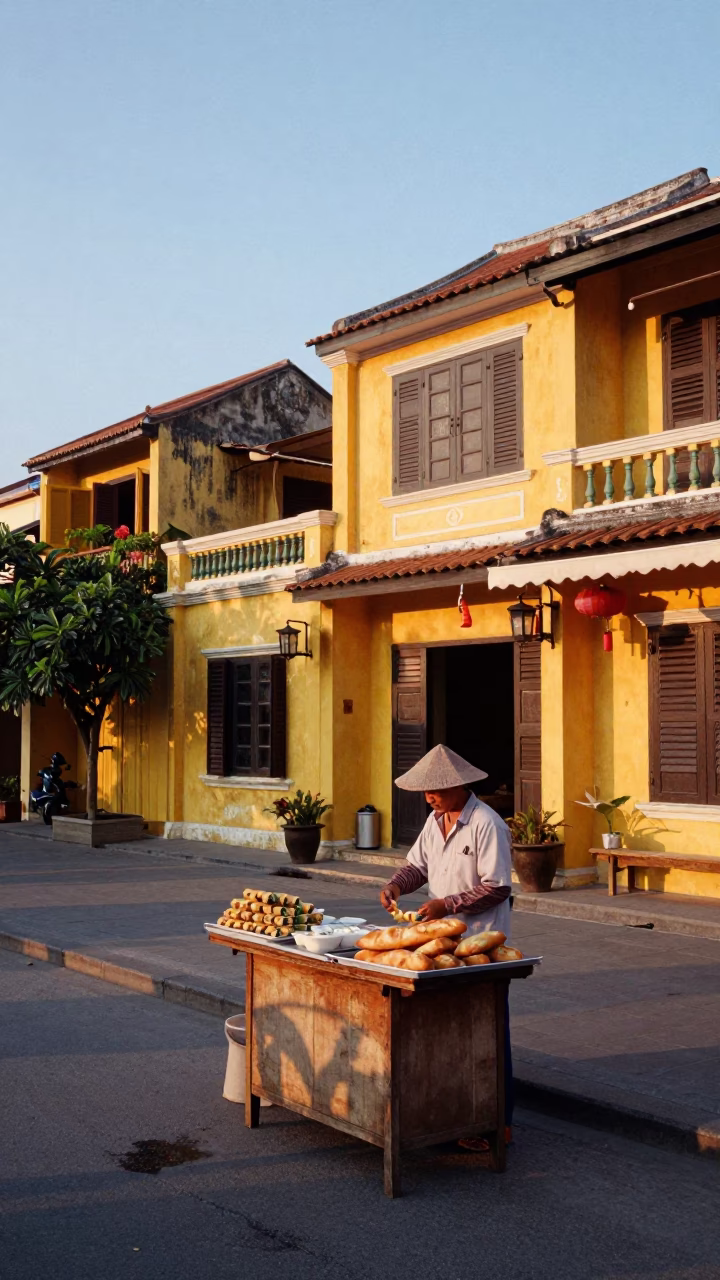 Street Scene in Hoi An at First Light Of Dawn in in Hoi An, Vietnam