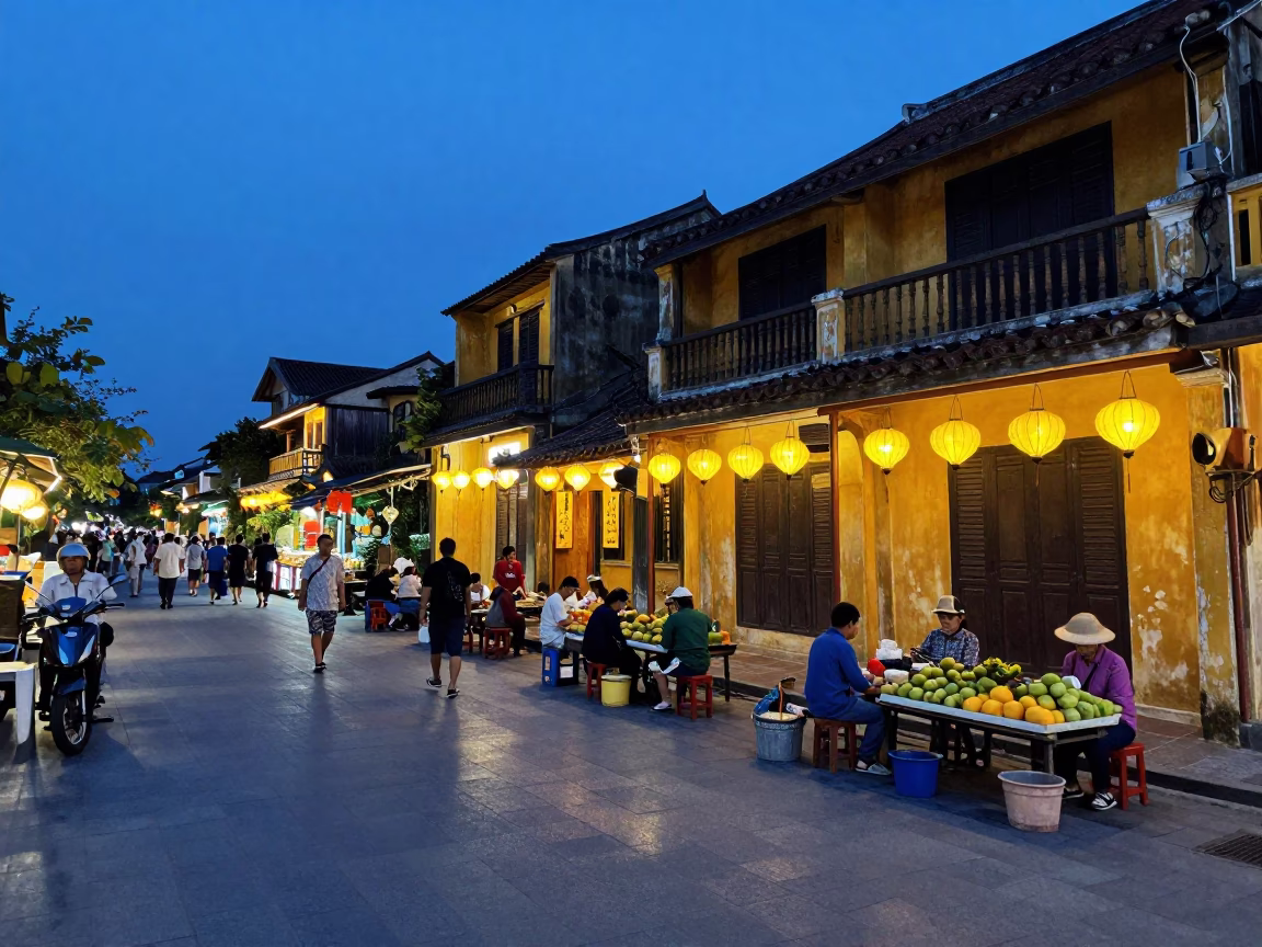 Street Scene in Hoi An at Indigo Twilight After Sunset in in Hoi An, Vietnam