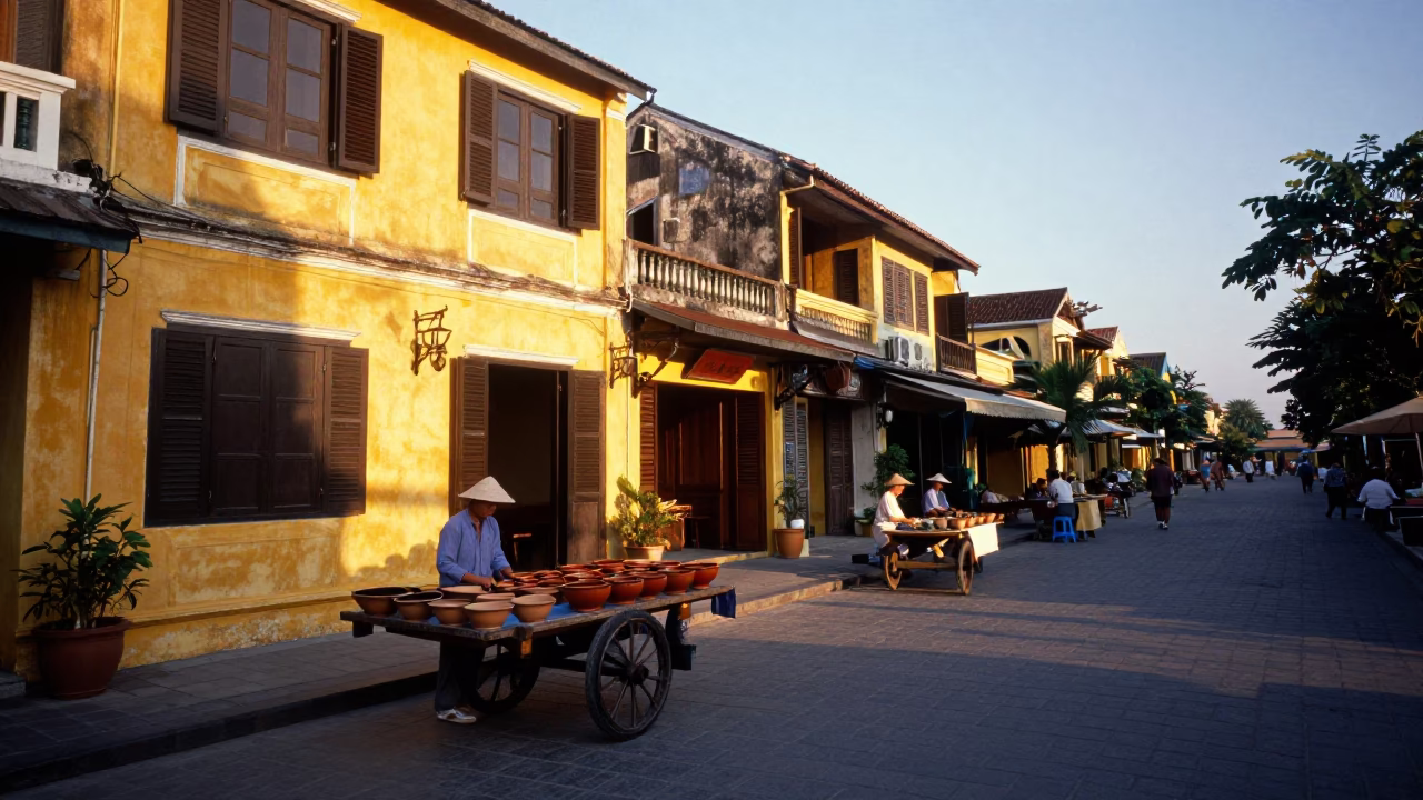 Street Scene in Hoi An at Nautical Dawn Light in in Hoi An, Vietnam