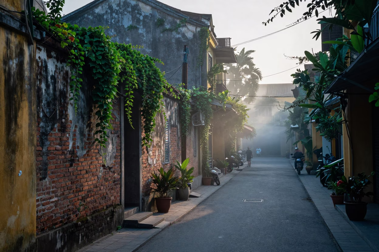 Street Scene in Hoi An at Sunrise Light in in Hoi An, Vietnam