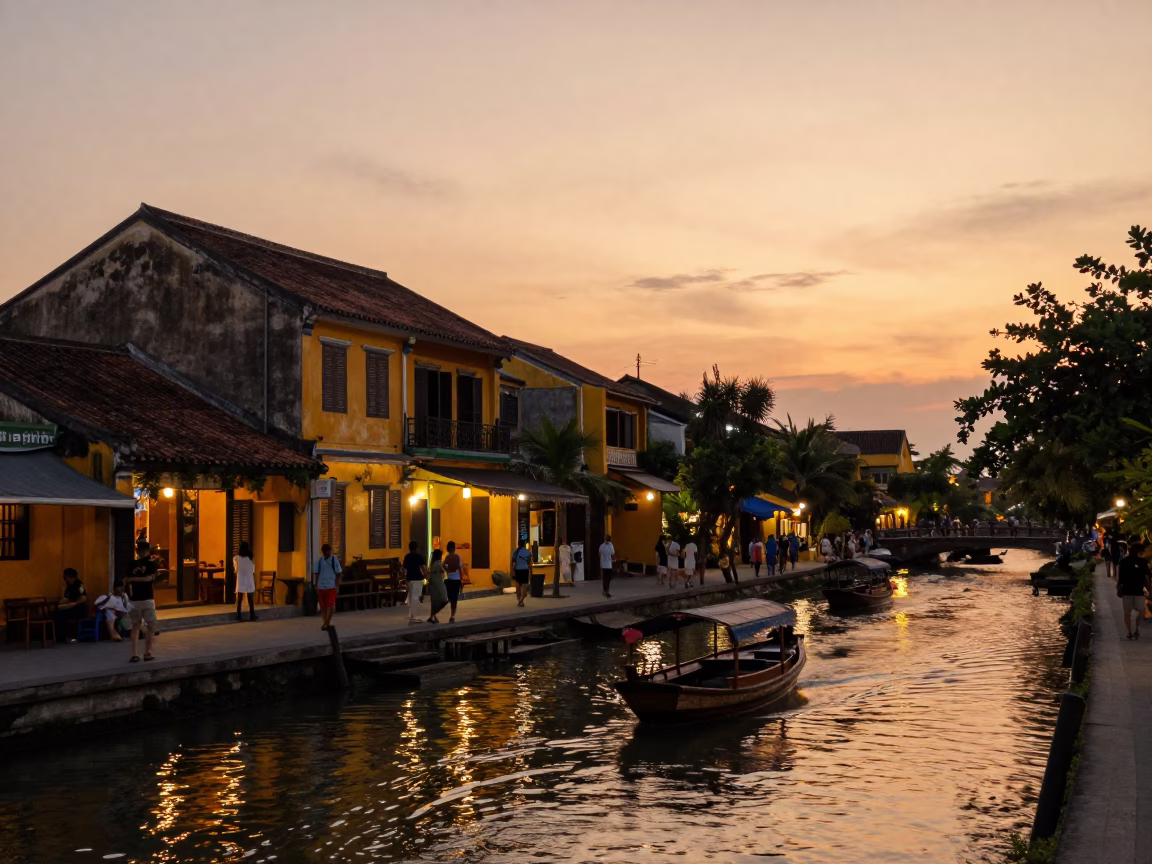 Street Scene in Hoi An at Sunset Light in in Hoi An, Vietnam