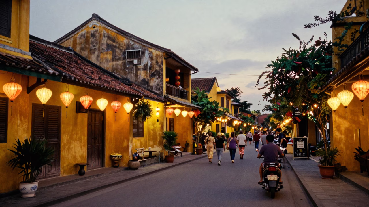 Street Scene in Hoi An at The Early Evening Light in in Hoi An, Vietnam