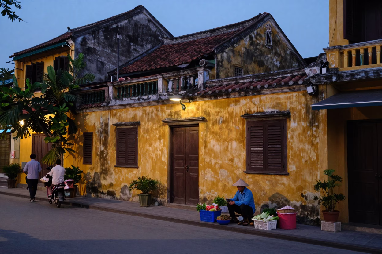 Street Scene in Hoi An at The Still Hours Before Dawn Light in in Hoi An, Vietnam