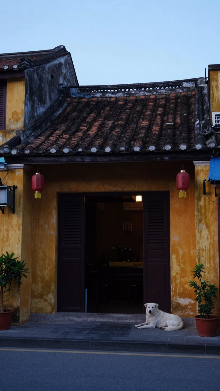 Street Scene in Hoi An at The Still Hours Before Dawn Light in in Hoi An, Vietnam