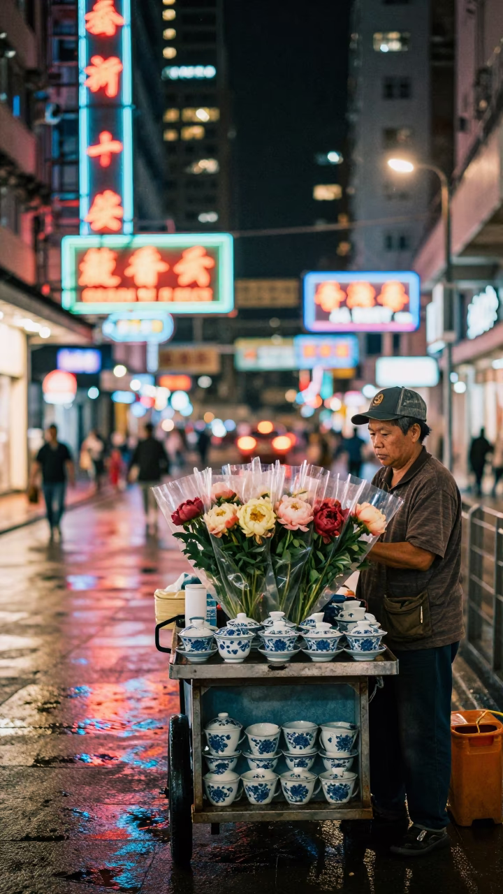 Street Scene in Hong Kong at As City Lights Begin To Glow in in Hong Kong, Hong Kong