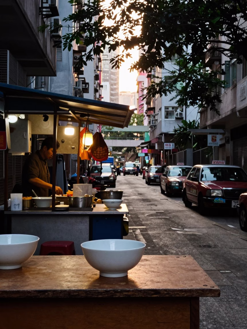 Street Scene in Hong Kong at As First Light Reaches The Scene in in Hong Kong, Hong Kong