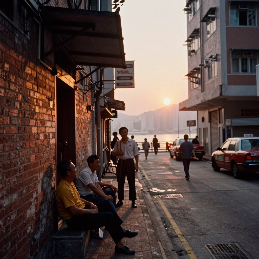 Street Scene in Hong Kong at As The Sun Drops Toward The Horizon in in Hong Kong, Hong Kong