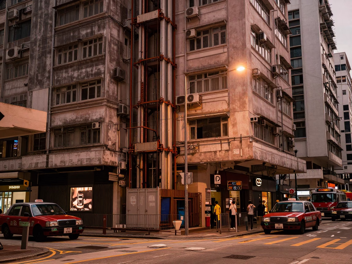 Street Scene in Hong Kong at Copper-toned Light Before Dusk in in Hong Kong, Hong Kong