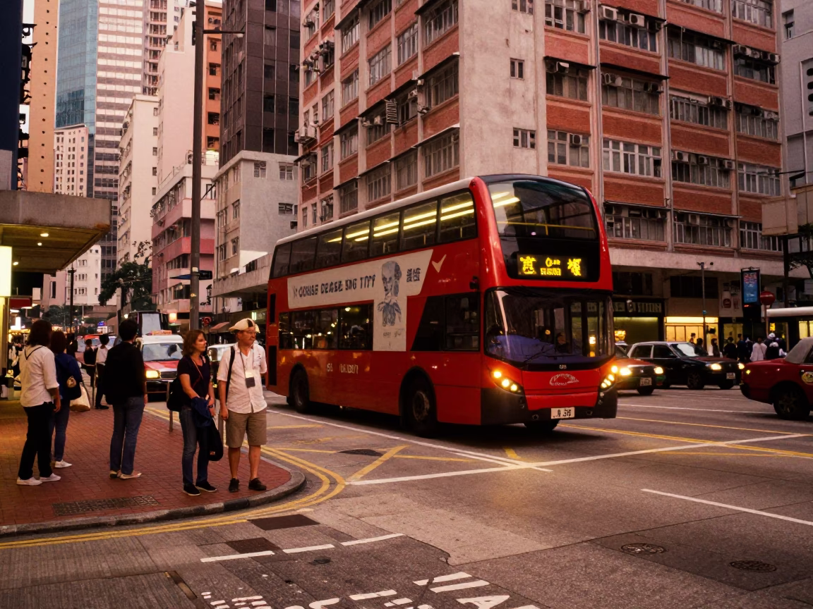Street Scene in Hong Kong at Copper-toned Light Before Dusk in in Hong Kong, Hong Kong