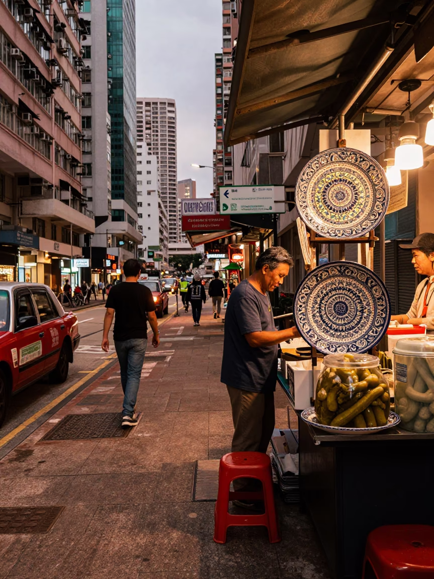 Street Scene in Hong Kong at Copper-toned Light Before Dusk in in Hong Kong, Hong Kong