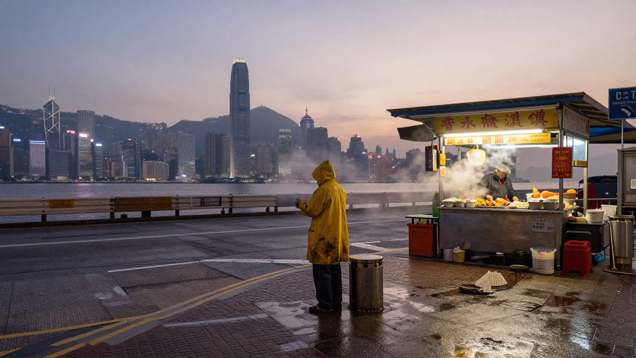 Street Scene in Hong Kong at Nautical Dawn Light in in Hong Kong, Hong Kong