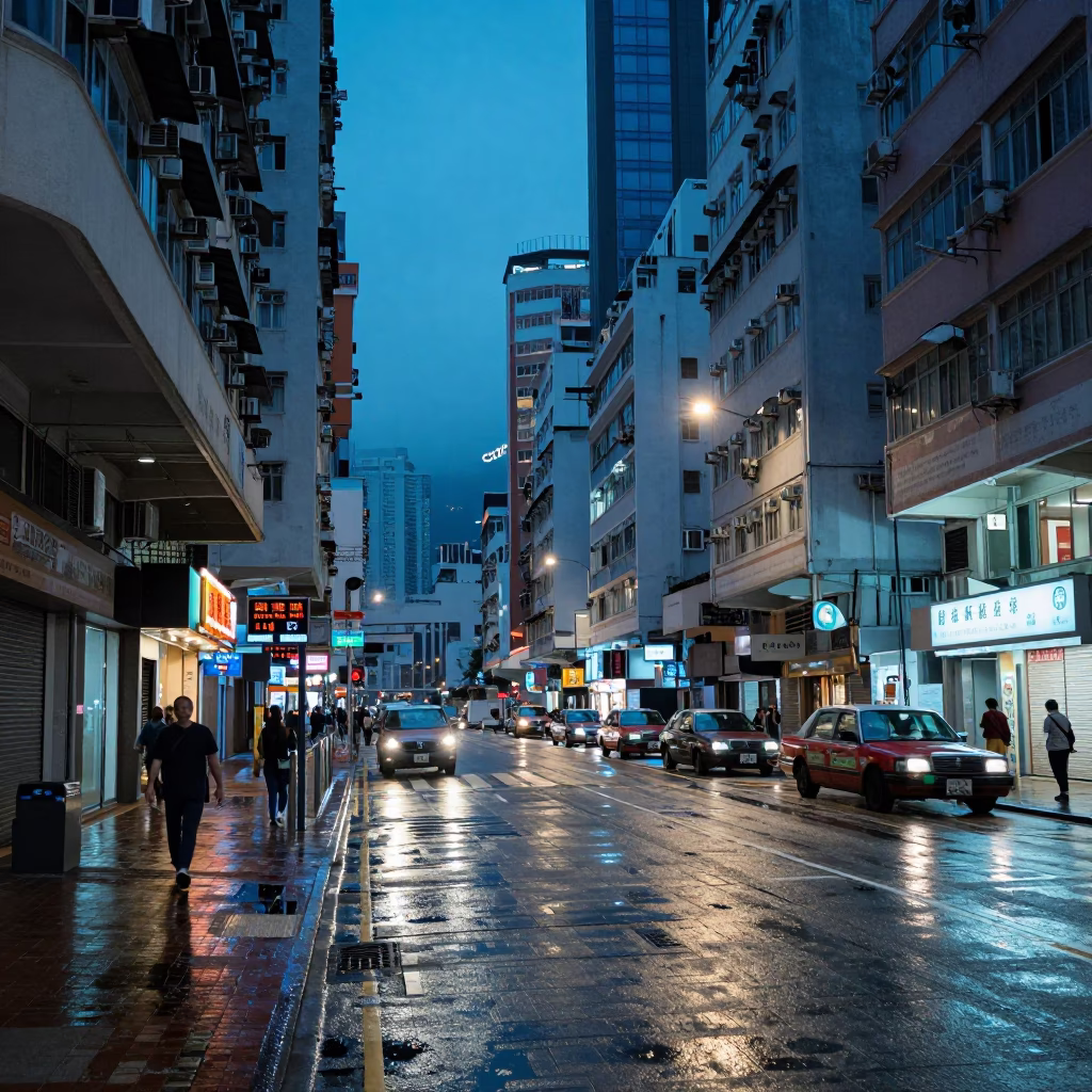 Street Scene in Hong Kong at The Last Blue Light Of Evening in in Hong Kong, Hong Kong
